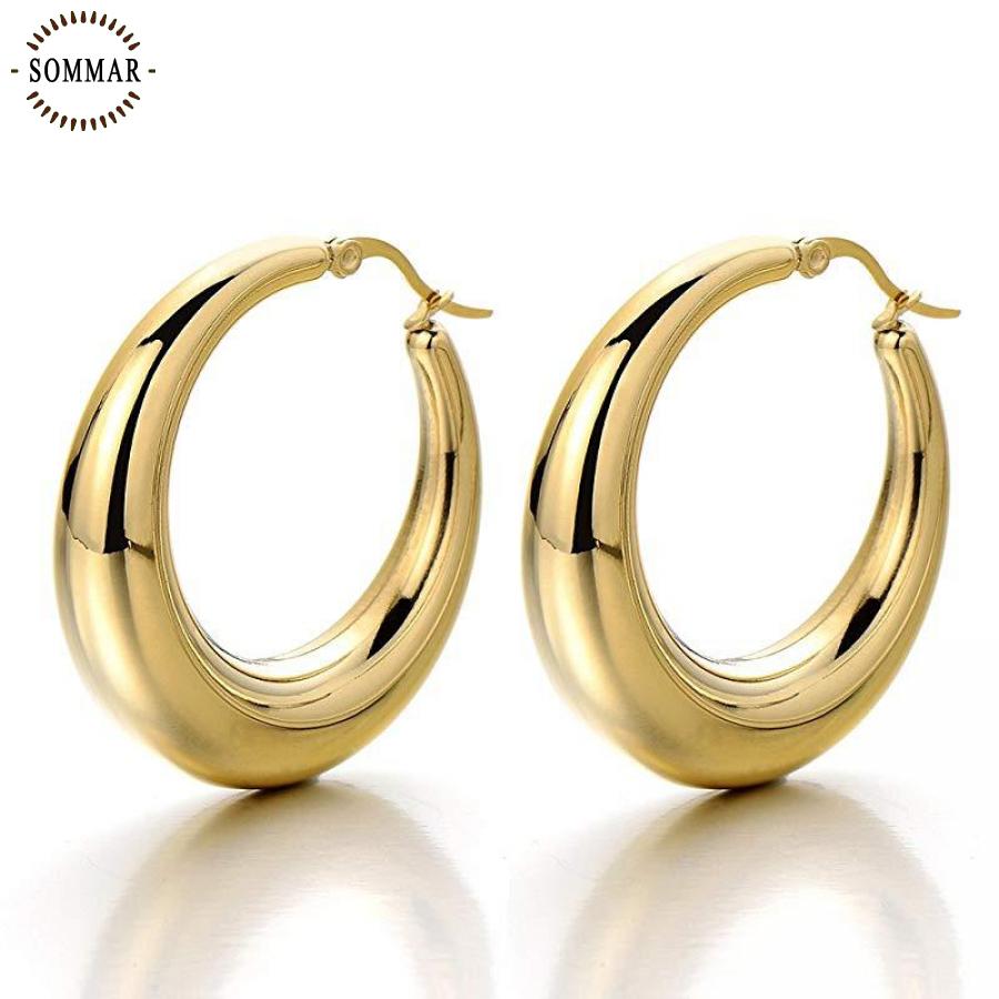 SOMMAR  Gold Vermeil 25mm steel stainless hoop earrings for women Crescent moon round women earring High Quality Jewelry - bertofonsi