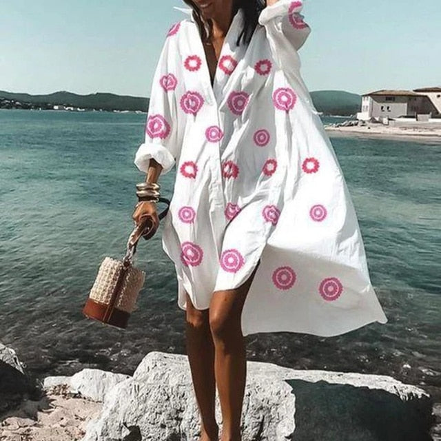 2021 Summer Women Dresses Turn-down Collar Print Casual Long Sleeve Shirt Dress Oversized Loose Beach Party Vestidos Robe Blouse - bertofonsi