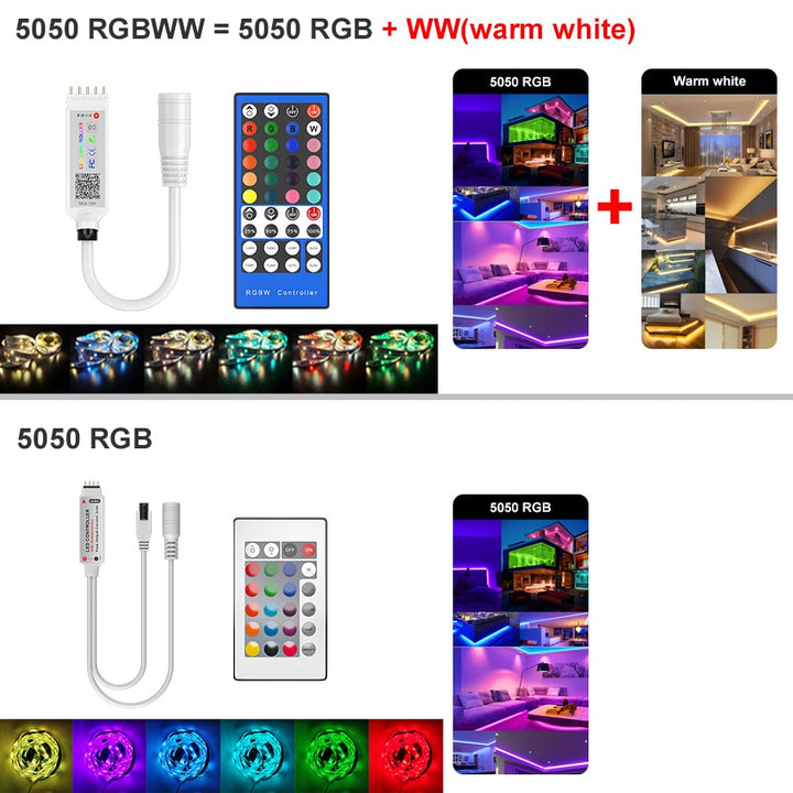 5M-30M LED Strip Light Bluetooth RGBWW SMD 5050 LED Lights DC12V RGB Led tape diode ribbon Flexible APP Phone Control+adapter - bertofonsi