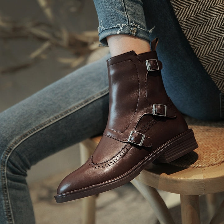 2020 Autumn New Woman Buckle Chelsea Boots Handmade Genuine Leather Round Toe Shoes Quality Buckle Square Low Heel Lady Boots - bertofonsi
