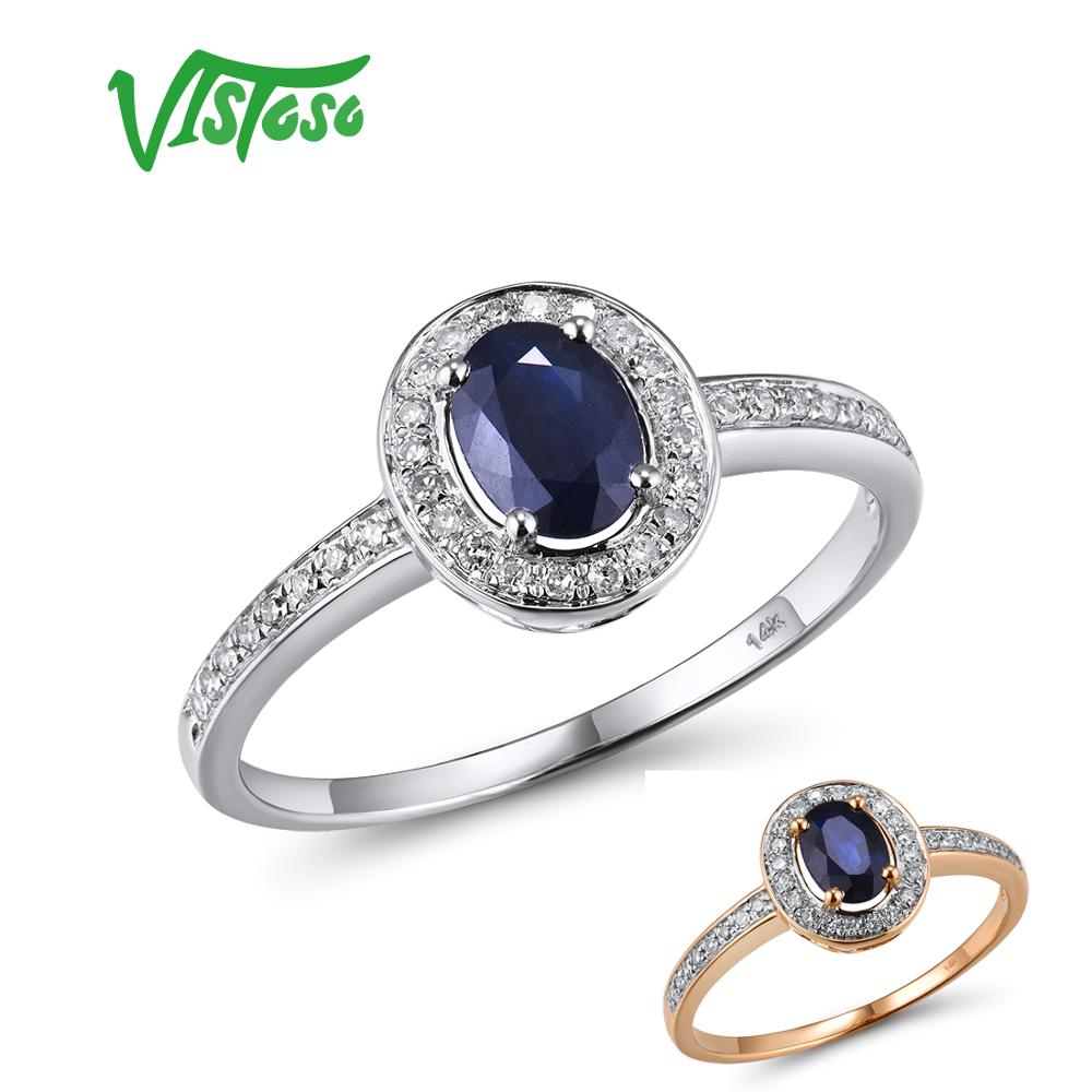 VISTOSO 14K White Gold Rings For Women Genuine Sparkling Diamond Fancy Blue Sapphire Engagement Anniversary Unique Fine Jewelry - bertofonsi