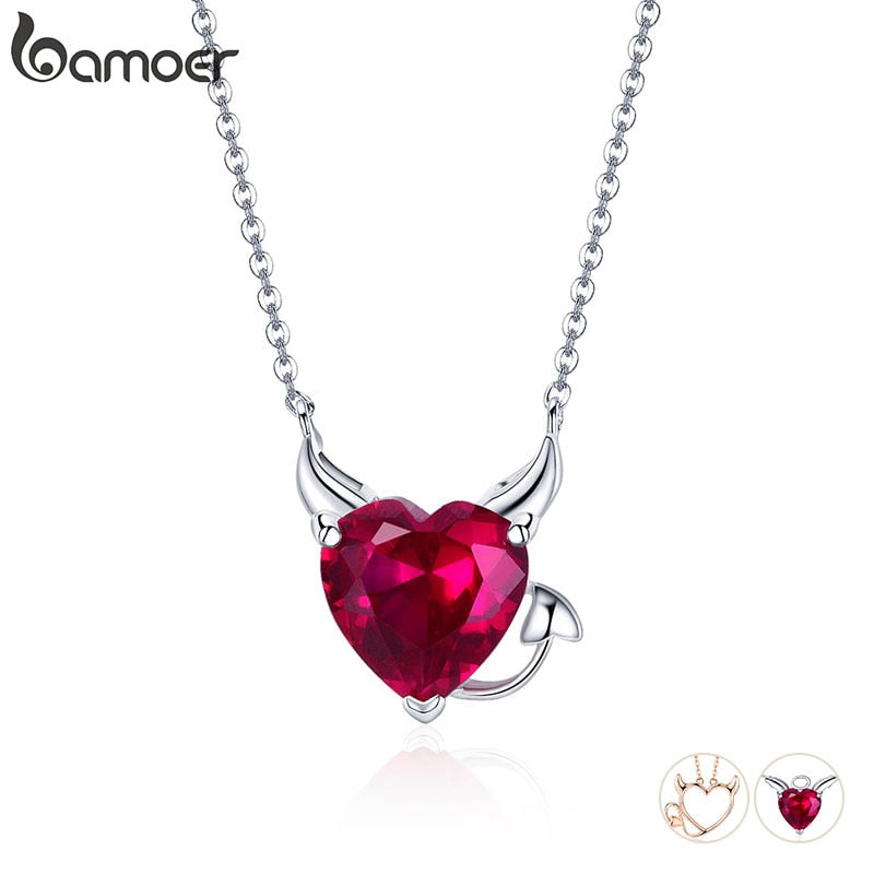 Bamoer New Collection 100% 925 Sterling Silver Red Zircon Little Devil Necklace Pendant For Women Fashion Silver Jewelry SCN286 - bertofonsi