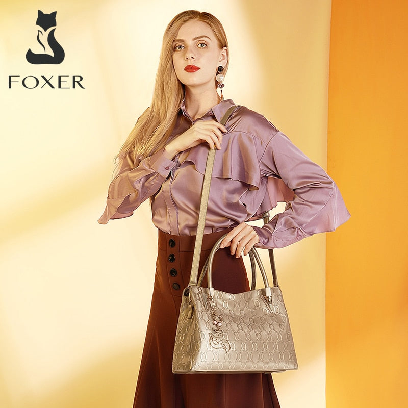 FOXER Women&#39;s Crossbody Shoulder Bags Female Split Leather Handbags Fashion Ladies Totes Top Handle Purse All-match Office Bag - bertofonsi