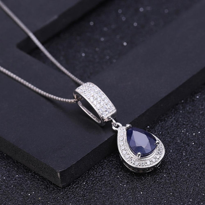 GEM&#39;S BALLET Classic Natural Blue Sapphire Gemstone Jewelry Set 925 Sterling Silver Pendant Earrings Ring Set For Women - bertofonsi