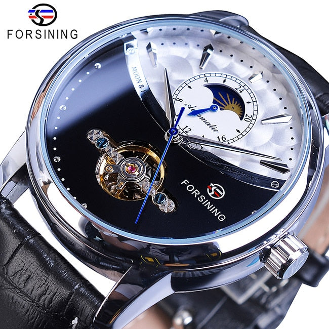 Forsining Moon Phase Automatic Watch Royal Men Golden Waterproof Mechanical Wristwatch Casual Genuine Leather Tourbillon Clock - bertofonsi