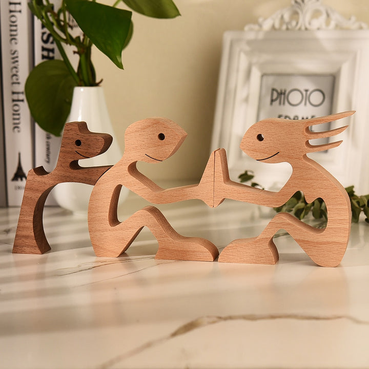 Family Puppy Wood Dog Craft Figurine Desktop Table Ornament Carving Model Home Office Decoration Pet Sculpture Christmas Gift - bertofonsi