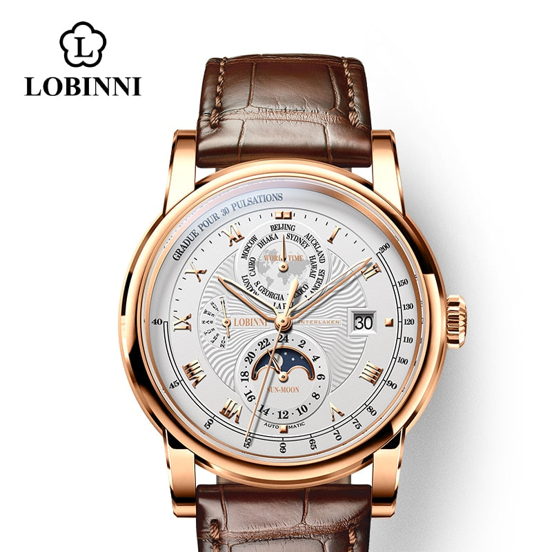 Switzerland LOBINNI Men Watch Luxury Brand Moon Phase Automatic Mechanical Men&#39;s Wirstwatches Sapphire Leather Seagull Movement - bertofonsi