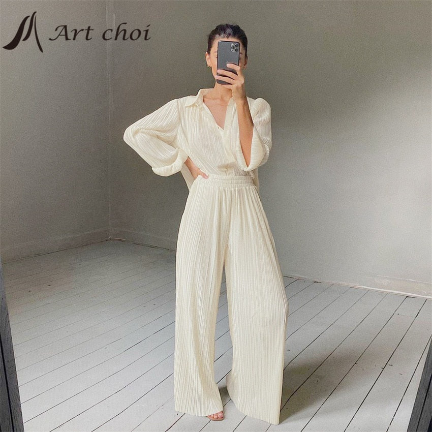 Spring Summer Two Piece Set Tracksuit Casual Outfit Suits Women Beige Shirt Long Blouse Tops Pleated Wide Leg Pants 2 Piece Sets - bertofonsi