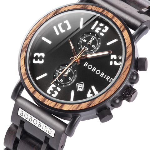 BOBO BIRD Mens Watch Wood Stainless Steel Luxury Brand Quartz Wrist Watches Waterproof Clock in Wooden Gift Box reloj hombre - bertofonsi
