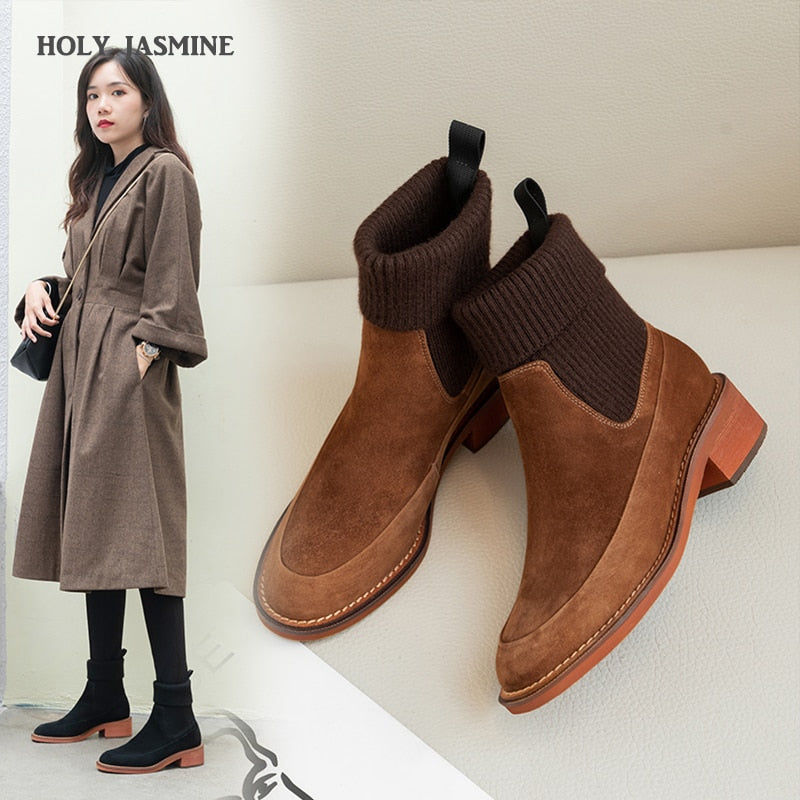 2020 Winter Autumn Ankle Boots for Ladies Size 34-39 Knitting Sock Boots Women Square Toe Black Brown Booties Slip Ons Shoes New - bertofonsi