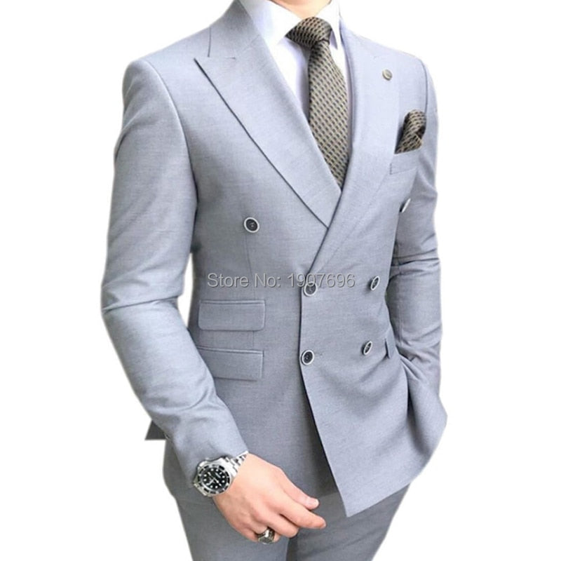 Double Breasted Slim Fit Men Suits for Groomsmen 2 Piece Wedding Tuxedo with Peaked Lapel Gray Male Fashion Costume Jacket Pants - bertofonsi