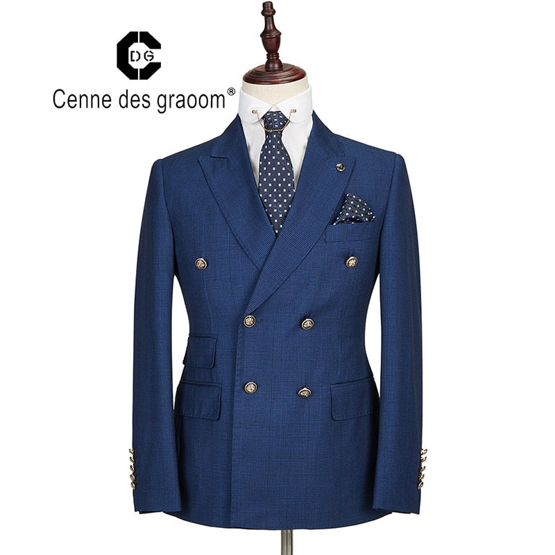 Cenne Des Graoom New Men Suit Plaid Double Breasted Two Pieces Slim Fit High Quality Wedding Party Singer Costume DG-188 - bertofonsi