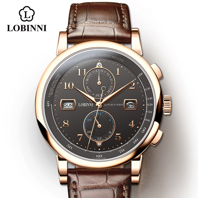 LOBINNI Business Watch Top Brand Luxury Fashion Man Leather Waterproof 50M Male Mechanical Wristwatch with Date Display Watches - bertofonsi