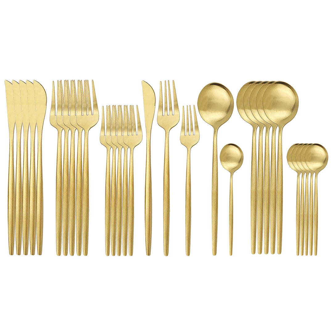30Pcs Matte Gold Cutlery Set Stainless Steel Dinnerware Knife Dessert Fork Spoon Dinner Silverware Kitchen Party Tableware Set - bertofonsi