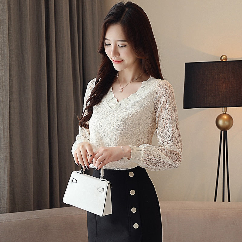 2022 New Fashion Elegant Casual Women Blouse Solid Women Tops Lace Long Sleeve V-neck Women Clothing Autumn Korean Style 5958 50 - bertofonsi