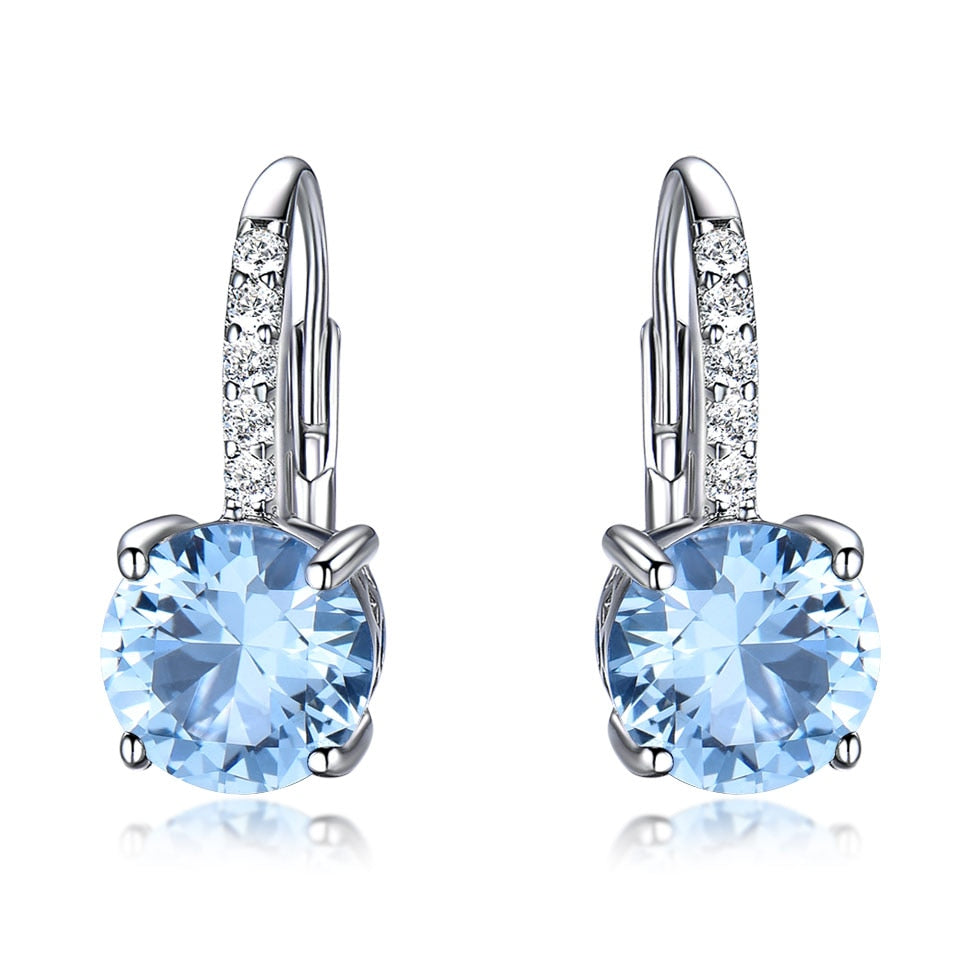 UMCHO Real 925 Sterling Silver Clip Earrings For Women Gemstone Sky Blue Topaz Female Earrings Round Wedding Valentine's Jewelry - bertofonsi