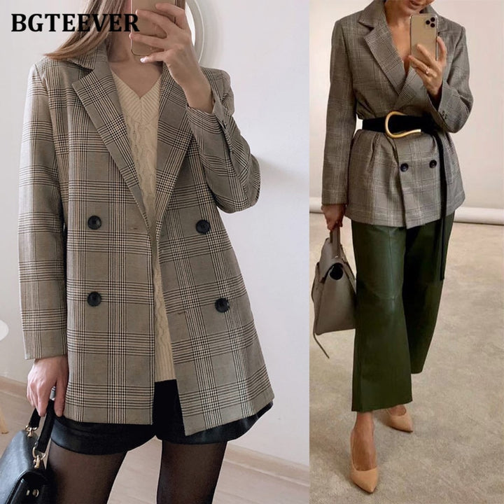Office Ladies Notched Collar Plaid Women Blazer Double Breasted Autumn Jacket 2021 Casual Pockets Female Suits Coat - bertofonsi