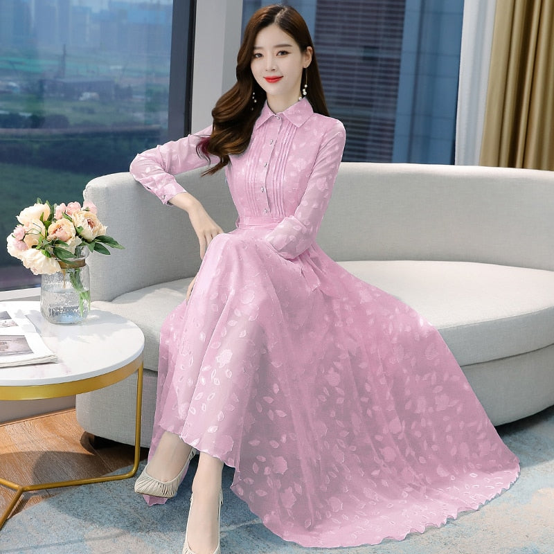 2023 Elegant Pink Midi Dress Autumn Winter Vintage Solid Casual Chiffon Maxi Dress Women Bodycon Party Black Night Wedding Dress - bertofonsi