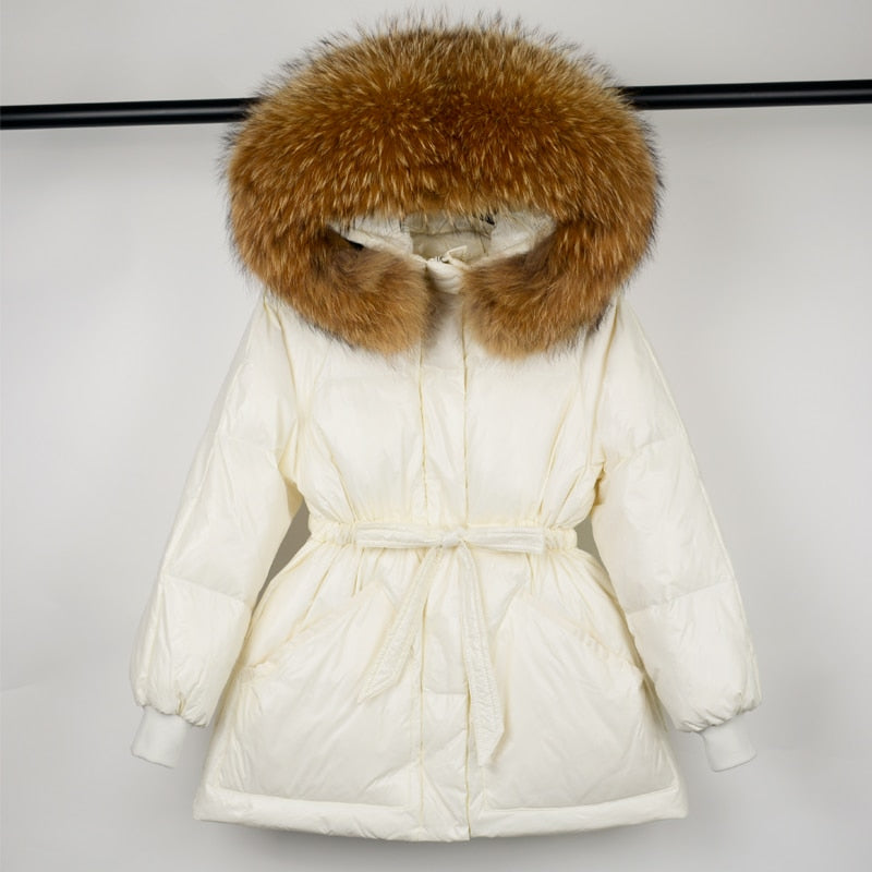 2021 New Winter White Duck Down Jacket Women&#39;s Huge Natural Raccoon Fur Hooded Puffer Coat Female Office Lady Adjustable Waist - bertofonsi