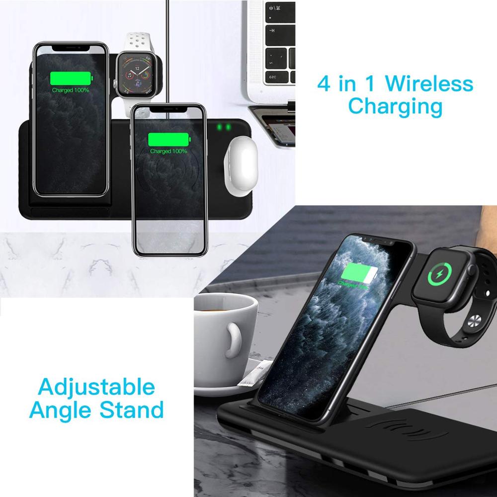 15W Fast Wireless Charger Stand For iPhone 14 13 12 11 8 Apple Watch 4 in 1 Foldable Charging Station for Airpods Pro iWatch - bertofonsi
