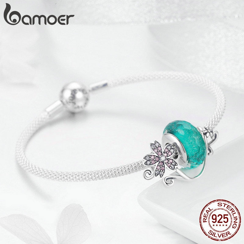BAMOER Authentic 925 Sterling Silver Daisy Flower Green Glass Beads Strand Charms Bracelets for Women 925 Silver Jewelry SCB822 - bertofonsi