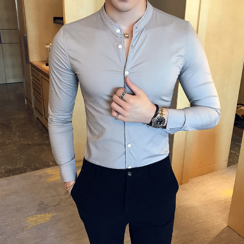 2019 New Men's Fashion Boutique Cotton Solid Color Collar Casual Business Long-sleeved Shirts Male Slim High-end Leisure Shirts - bertofonsi