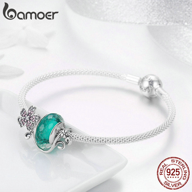 BAMOER Authentic 925 Sterling Silver Daisy Flower Green Glass Beads Strand Charms Bracelets for Women 925 Silver Jewelry SCB822 - bertofonsi