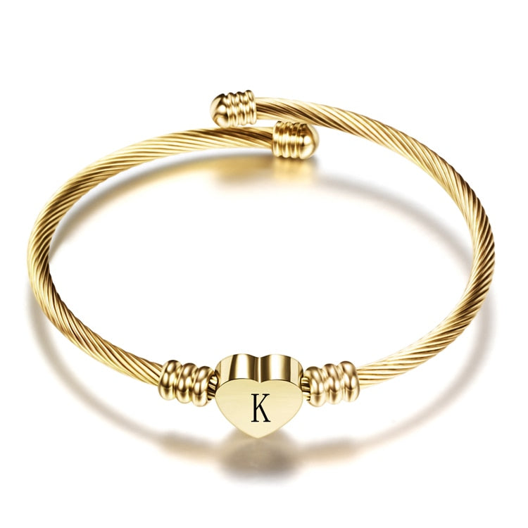 Fashion Girls Gold Color Stainless Steel Heart Bracelet Bangle With Letter Fashion Initial Alphabet Charms Bracelets For Women - bertofonsi