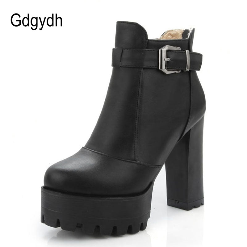 Gdgydh Women Platform Heels Ankle Boots Zipper High Heels Female Booties Shoes Black Round Toe Ladies Shoes Big Size 2022 Autumn - bertofonsi