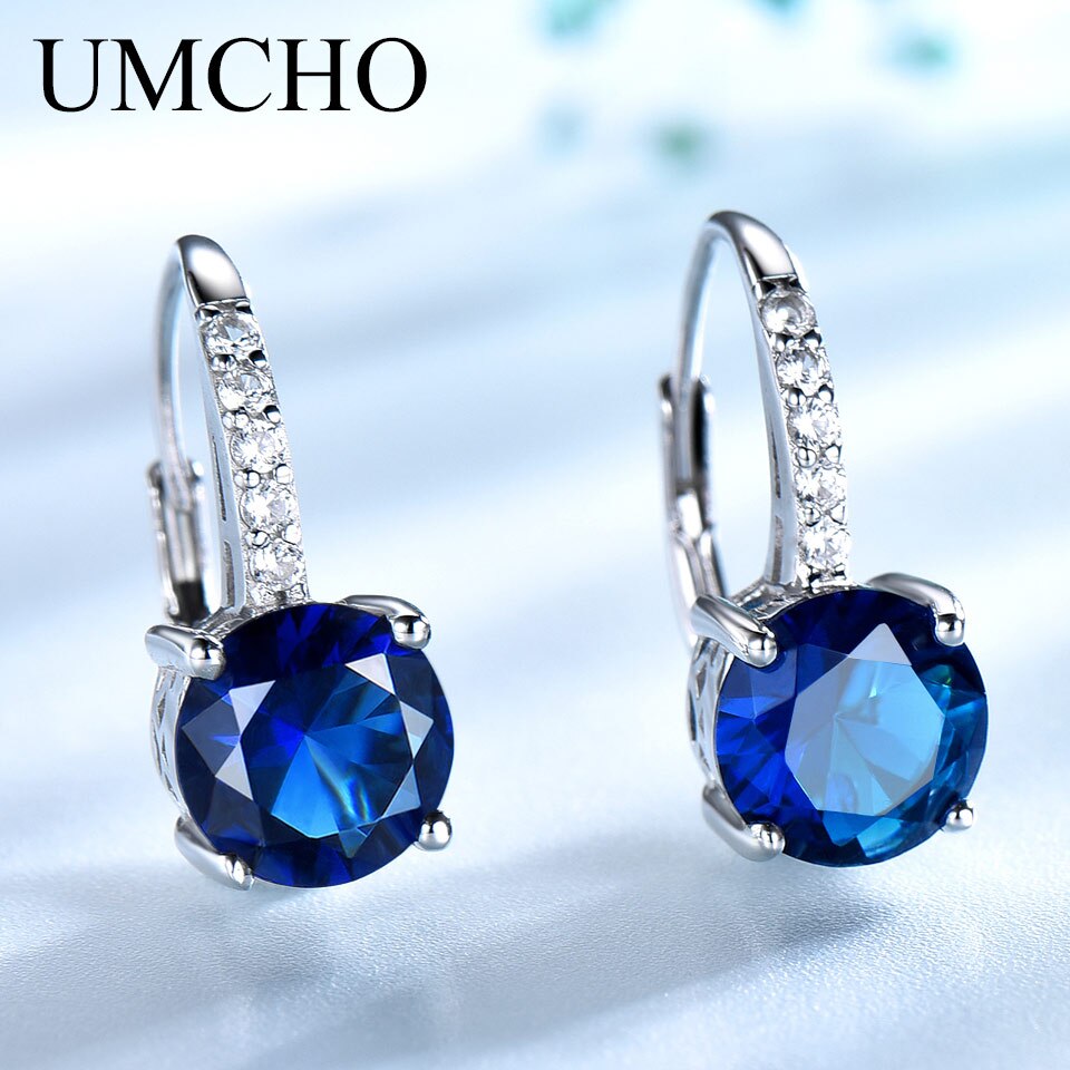 UMCHO Real 925 Sterling Silver Clip Earrings For Women Gemstone Sky Blue Topaz Female Earrings Round Wedding Valentine's Jewelry - bertofonsi