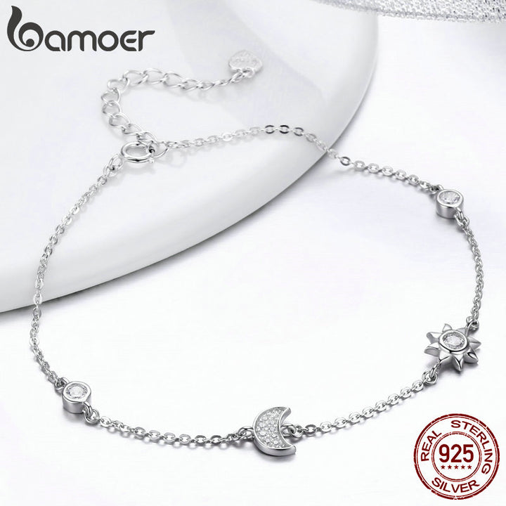 BAMOER Genuine 100% 925 Sterling Silver Lobster Clasp Star And Moon Clear CZ Bracelet &amp; Bangles for Women Silver Jewelry SCB081 - bertofonsi
