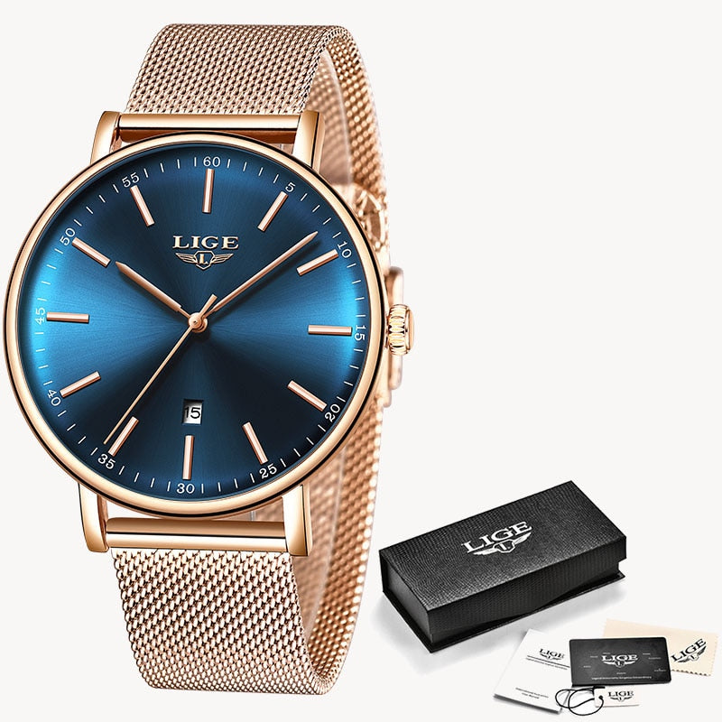 LIGE Womens Watches Top Brand Luxury Waterproof Watch Fashion Ladies Stainless Steel Ultra-Thin Casual Wristwatch Quartz Clock - bertofonsi