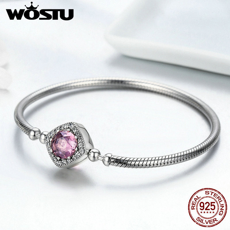 WOSTU Authentic 100% 925 Sterling Silver Cute Cat Glittering CZ Snake Strand Chain Bracelets Bangle for Women Silver Jewelry - bertofonsi