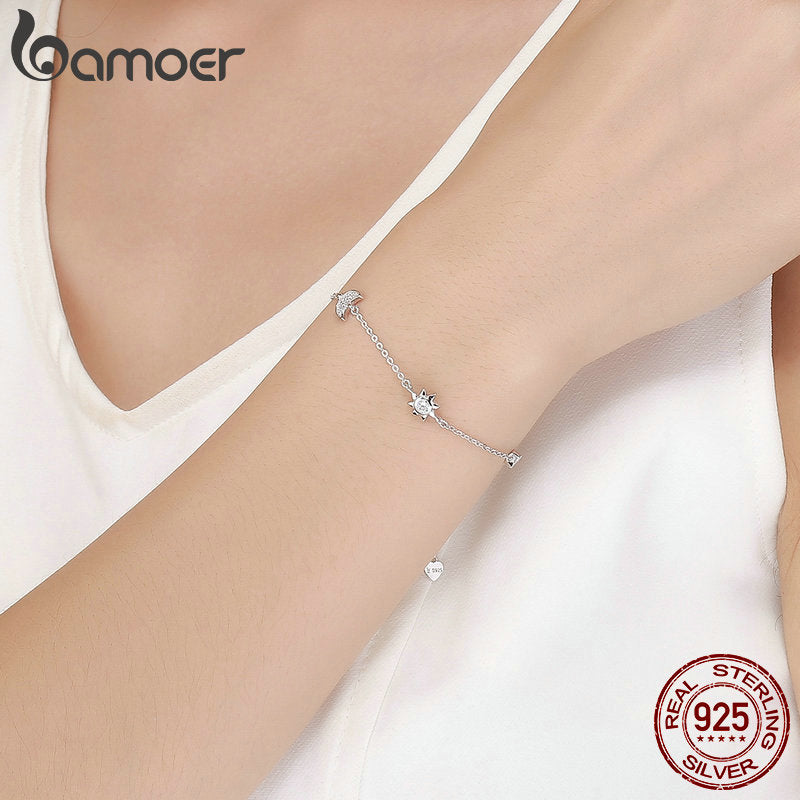 BAMOER Genuine 100% 925 Sterling Silver Lobster Clasp Star And Moon Clear CZ Bracelet &amp; Bangles for Women Silver Jewelry SCB081 - bertofonsi