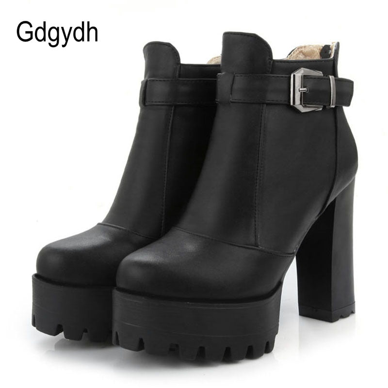 Gdgydh Women Platform Heels Ankle Boots Zipper High Heels Female Booties Shoes Black Round Toe Ladies Shoes Big Size 2022 Autumn - bertofonsi