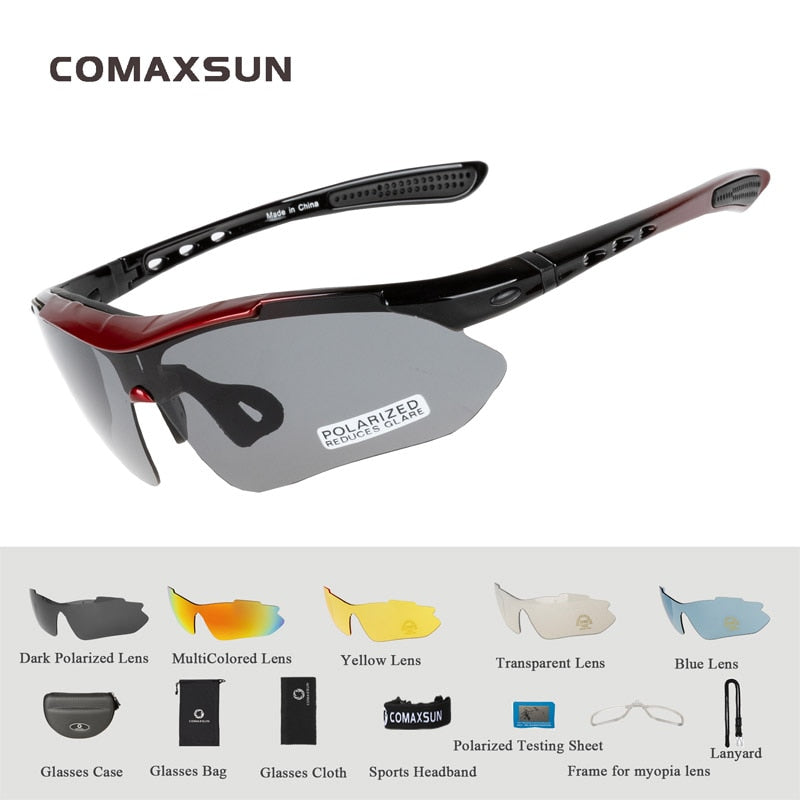 COMAXSUN Professional Polarized Cycling Glasses Bike Goggles Outdoor Sports Bicycle Sunglasses UV 400 With 5 Lens TR90 2 Style - bertofonsi