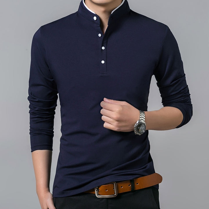 Liseaven T-Shirt Men Cotton T Shirt Full Sleeve tshirt Men Solid Color T-shirts tops&amp;tees Mandarin Collar Long Shirt - bertofonsi