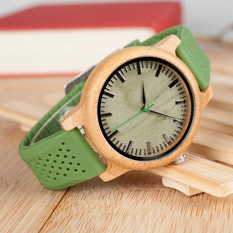 BOBO BIRD Bamboo Wooden Watch Men Quartz Watch with Green Silicone Strap Extra Band Men's Gift with Box relogio masculino W-B06 - bertofonsi