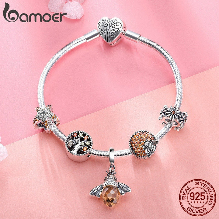 BAMOER 925 Sterling Silver Trendy Insect Bee Pendant Starfish Charm Bracelets Bangles for Women Sterling Silver Jewelry SCB805 - bertofonsi