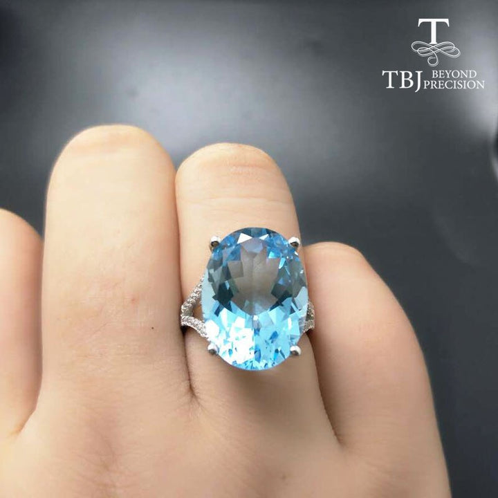 TBJ,Super Big gemstone Ring,Oval cut 13*18mm 15ct Blue topaz silver gemstone Ring for pary,eye&#39;s catching design with gift box - bertofonsi