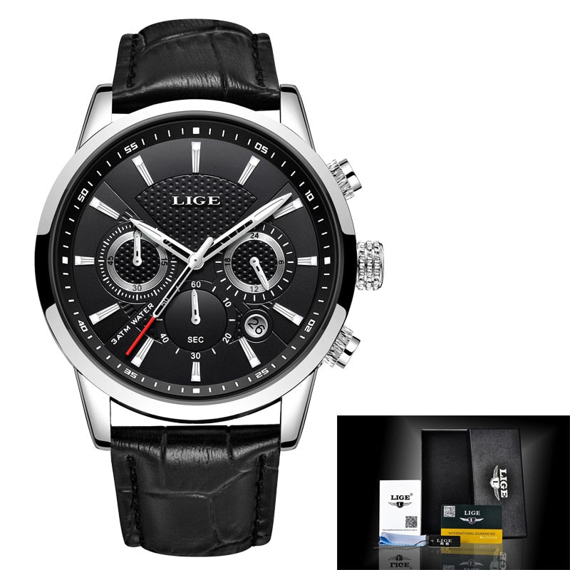 LIGE Mens Watches Gift Top Luxury Brand Waterproof Sport Watch Chronograph Quartz Military Genuine Leather Relogio Masculino - bertofonsi