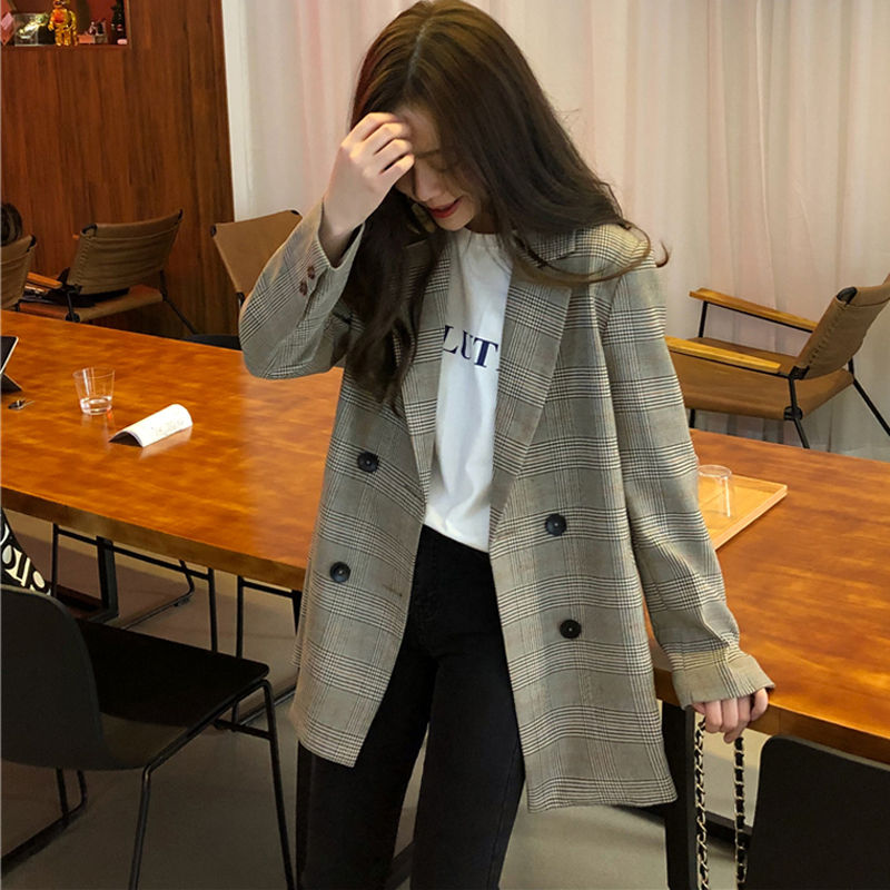 Office Ladies Notched Collar Plaid Women Blazer Double Breasted Autumn Jacket 2021 Casual Pockets Female Suits Coat - bertofonsi