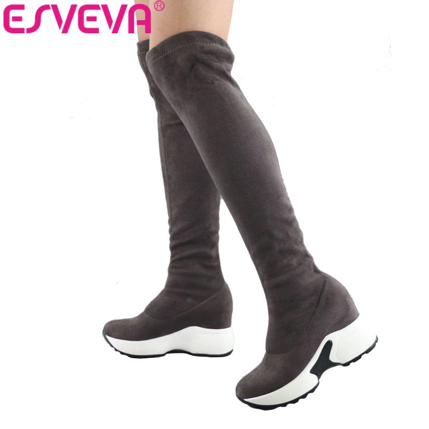 ESVEVA 2020 Over The Knee Boots Winter Women Boots Wedge High Heel Slip On Elastic Flock Motorcycle Boots Platform Size 34-43 - bertofonsi