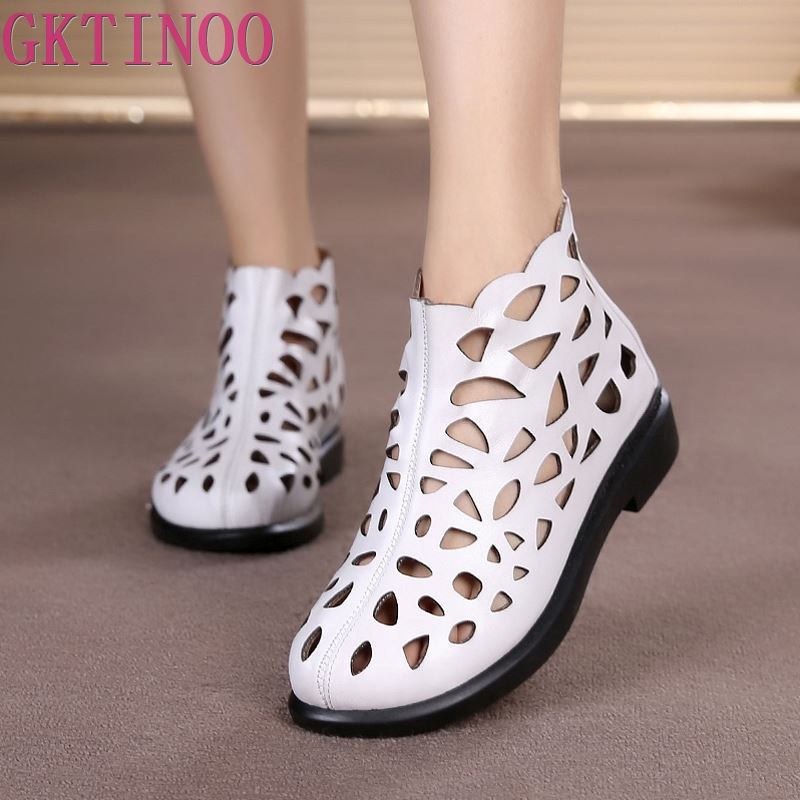 New Arrival Roman Women Sandals Cut outs Gladiator Low Heels Ankle Cool boots Genuine Leather Ladies Summer Shoes - bertofonsi
