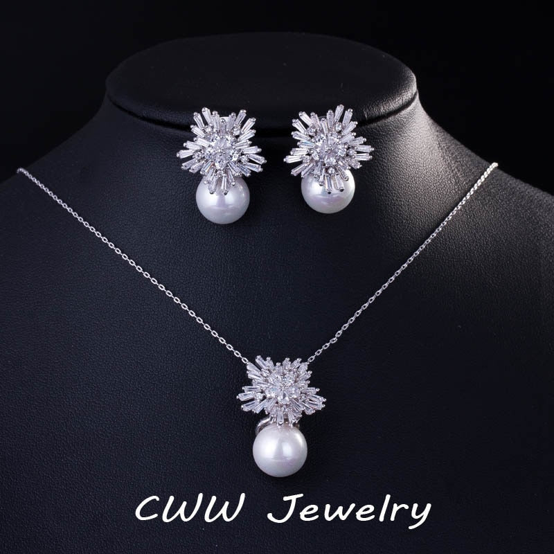 CWW New Fashion Jewelry Cubic Zircon Flower Big Red Pearl Pendant Necklace And Earrings Set For Ladies Best Friend Gift T209 - bertofonsi