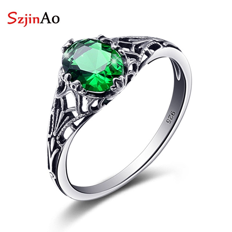 Szjinao Vintage Real 100% 925 Sterling Silver 1.5ct Oval Emerald Ring For Women Fashion Wedding Engagement Jewelry Gift Female - bertofonsi