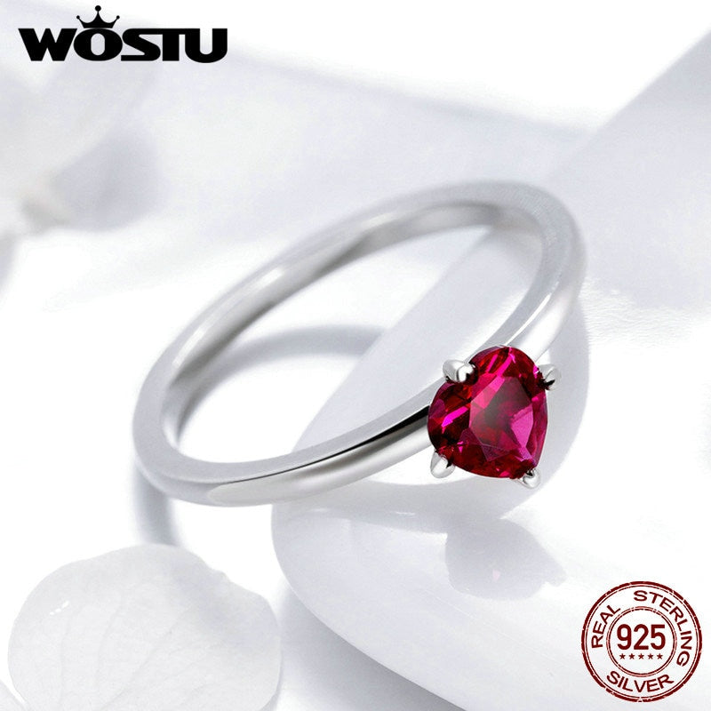 WOSTU Authentic 925 Sterling Silver Red Heart CZ Stone Ring for Women Lover Luxury Brand Wedding Engagement Jewelry Gift CQR389 - bertofonsi