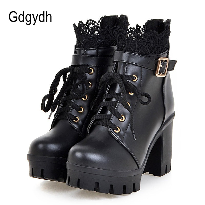 Gdgydh Wholesale Lace Ankle Boots Thick High Heels Women Boots Sexy Lacing Round Toe Platform Ladies Shoes Large Sizes 34-43 - bertofonsi