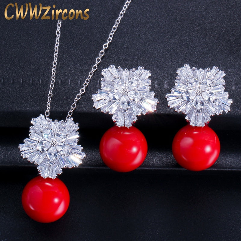 CWW New Fashion Jewelry Cubic Zircon Flower Big Red Pearl Pendant Necklace And Earrings Set For Ladies Best Friend Gift T209 - bertofonsi