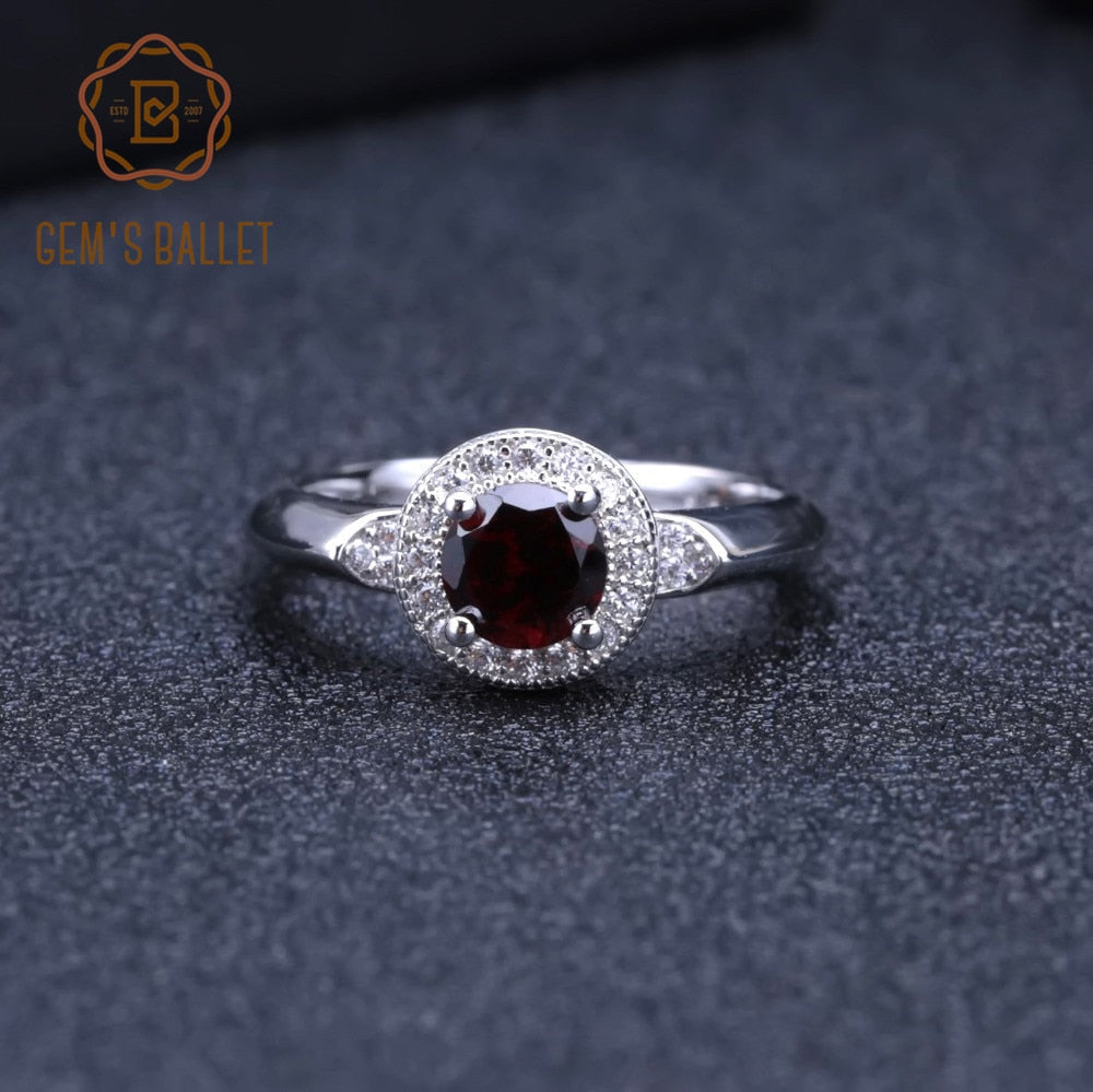 GEM'S BALLET 1.05Ct Round Natural Red Garnet Classic Gemstone Ring 100% 925 Sterling Silver Wedding Rings for Women Fine Jewelry - bertofonsi